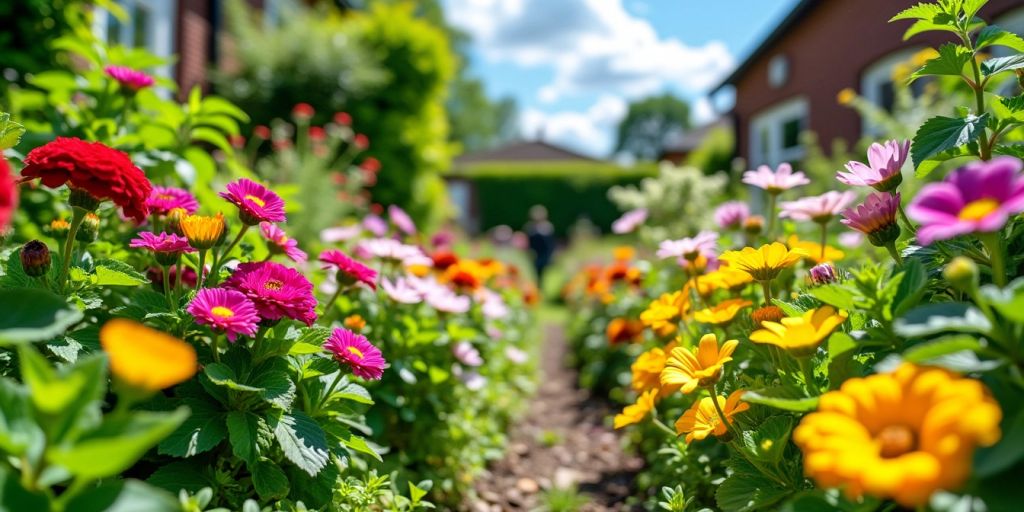 Bunte Blumen und grüne Pflanzen in einem sonnigen Garten.