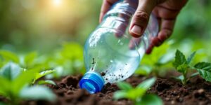 Eine Hand zerdrückt eine Plastikflasche zwischen grünen Blättern.