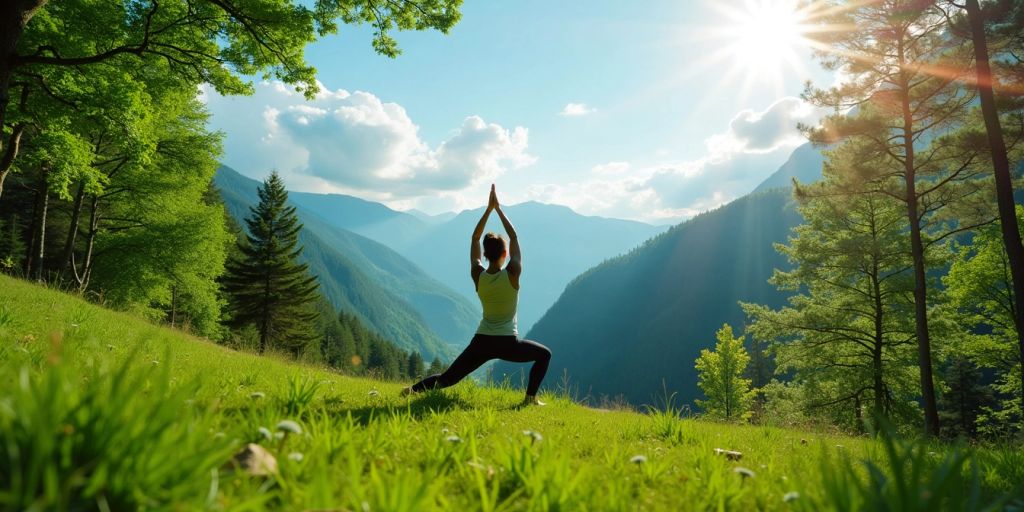 Frau macht Yoga in der Natur, umgeben von Bäumen.