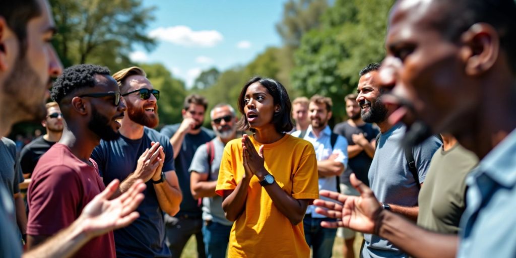 Eine Gruppe von Menschen diskutiert lebhaft im Freien.