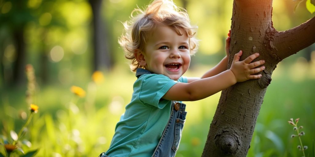 Ein Kind klettert fröhlich auf einen Baum.