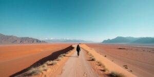 Wüstenlandschaft mit einem einsamen Wanderer auf dem Weg.