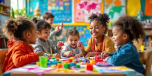 Kinder in einem kreativen Klassenzimmer mit Farben und Spielzeug.