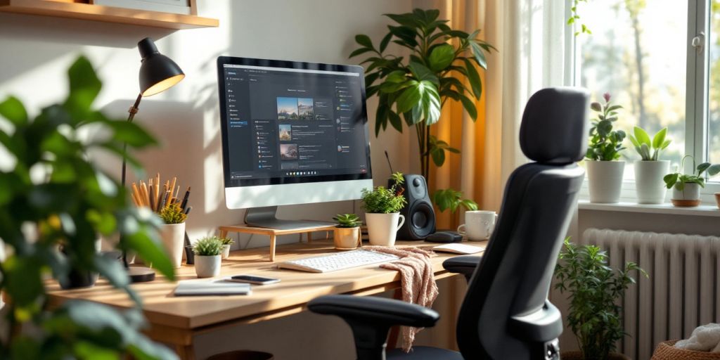 Gemütliches Home-Office mit Schreibtisch und Pflanzen.