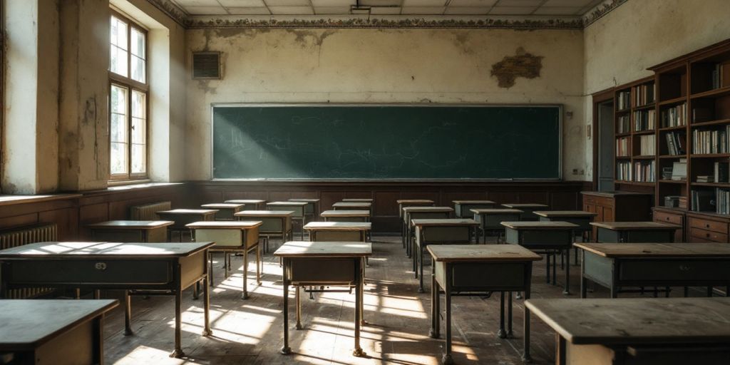 Klassenzimmer mit veralteten Möbeln und leeren Schreibtischen.