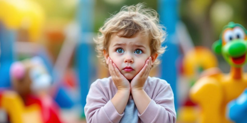 Ein Kind mit verwirrtem Gesichtsausdruck im Spielplatz.