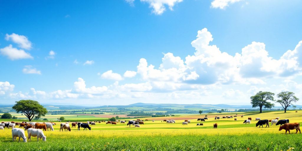 Agrarlandschaft mit Feldern und Weidetieren unter blauem Himmel.