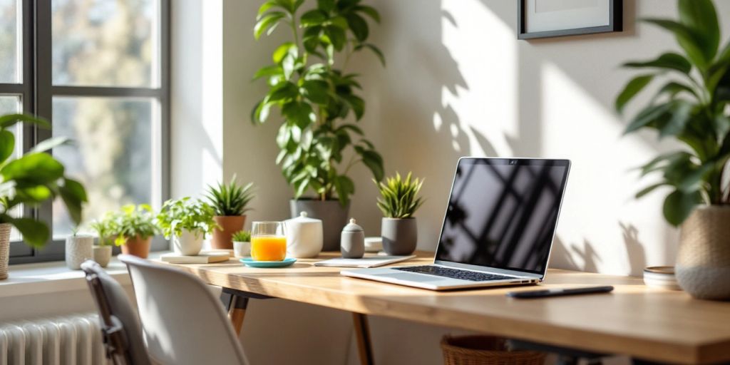 Gemütliches Homeoffice mit Schreibtisch und Pflanzen.