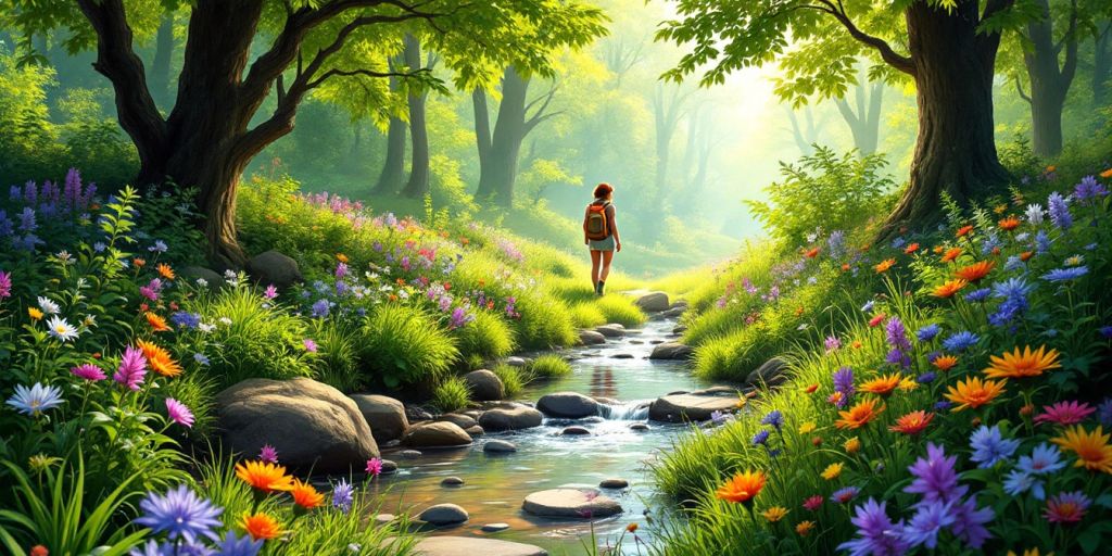 Person erkundet einen Wald mit bunten Blumen.