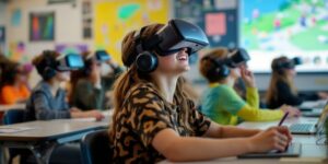 Schüler mit VR-Headsets im Klassenzimmer.