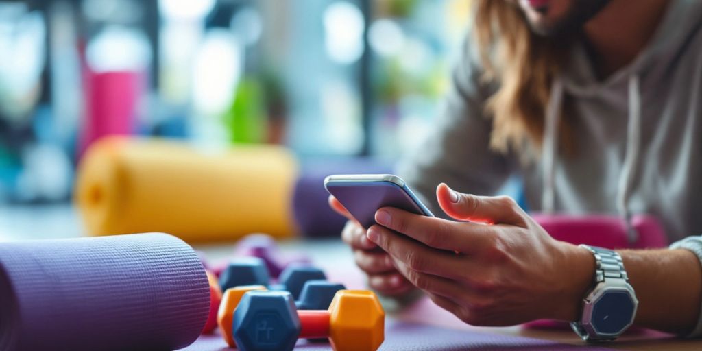 Person mit Smartphone und Fitnessgeräten im Hintergrund.