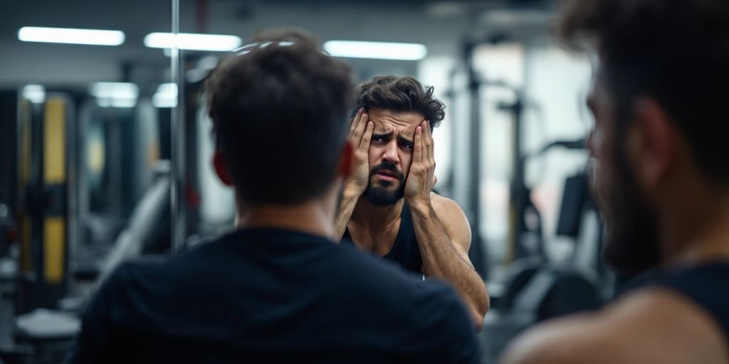 Person im Fitnessstudio mit enttäuschtem Gesicht im Spiegel.