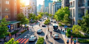 Moderne Stadt mit Elektrofahrzeugen und Fahrradwegen.