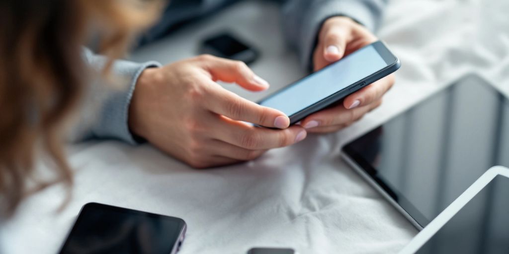 Person mit Smartphone und modernen Geräten umgeben.