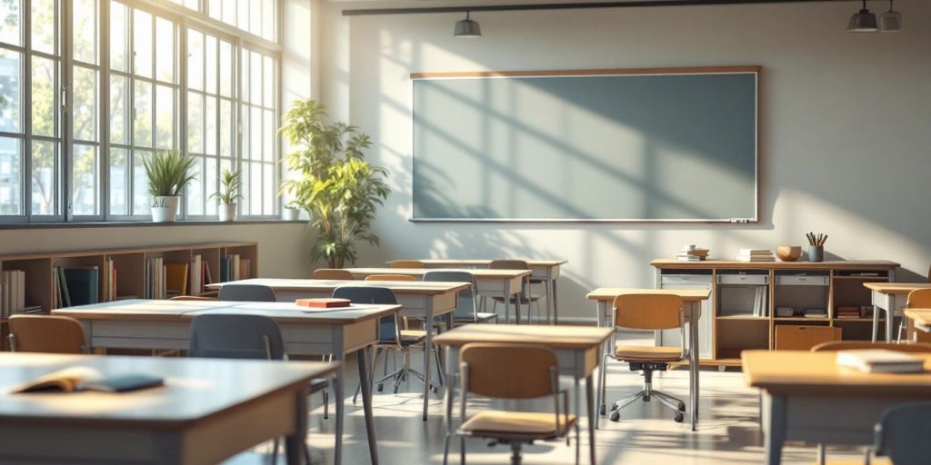 Leeres Klassenzimmer mit Sonnenlicht und Schulmaterialien.