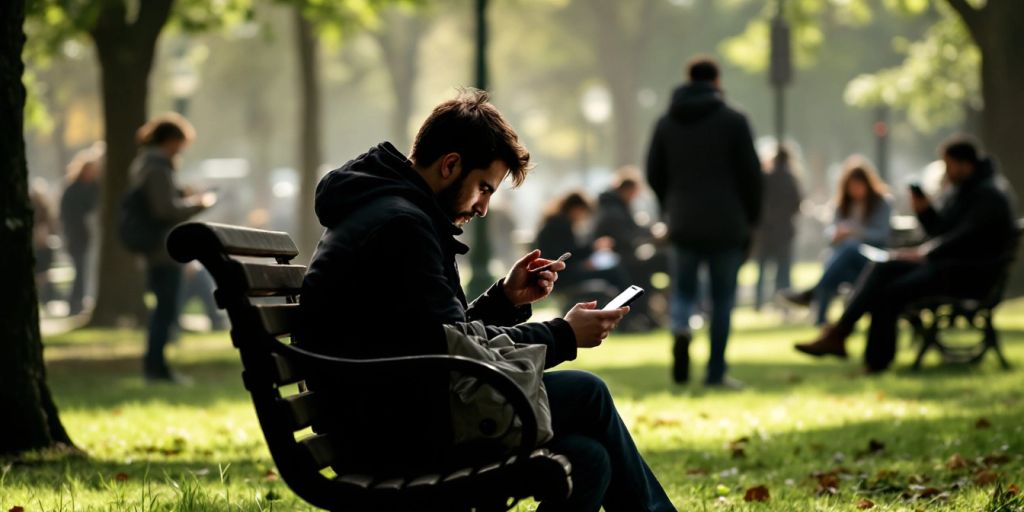 Einsame Person mit Smartphone im Park.