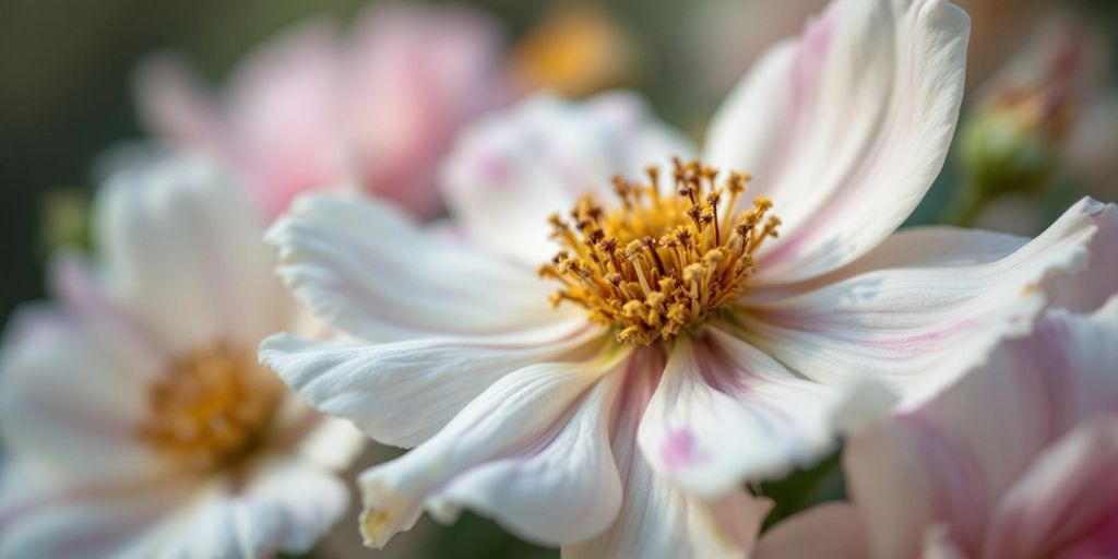 Verwelktes Blütenblatt umgeben von leuchtenden Blumen.