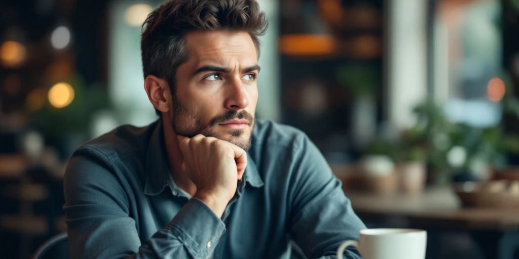 Nachdenklicher Mensch mit Kaffee in einem Café