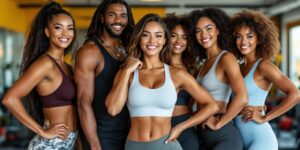 Fitness-Influencer in verschiedenen Posen, diverse Körperbilder.