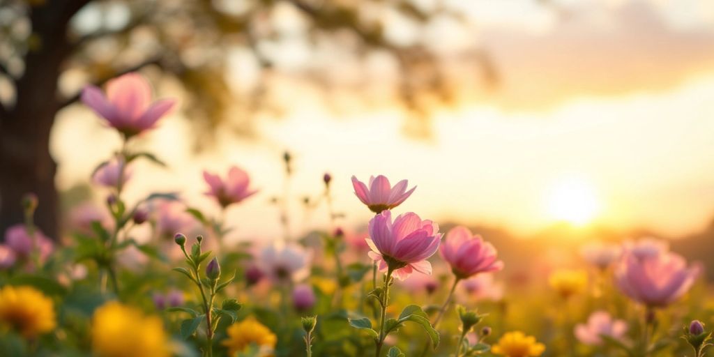 Friedlicher Garten mit blühenden Blumen und Sonnenaufgang.