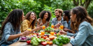 Junge Menschen genießen veganes Essen in der Natur.