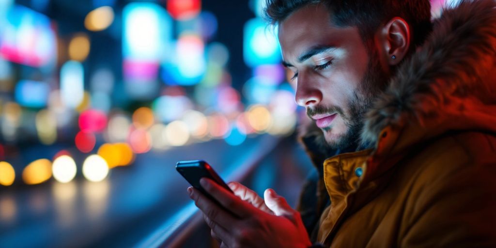 Eine Person mit Smartphone inmitten von Stadtlichtern.