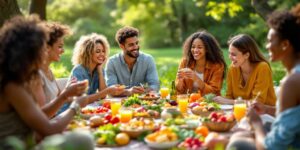 Vielfältige Menschen genießen ein veganes Picknick im Park.