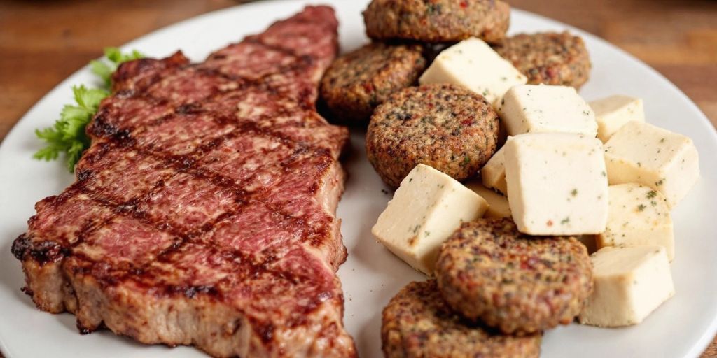 Ein Teller mit Fleisch und Fleischersatzprodukten.