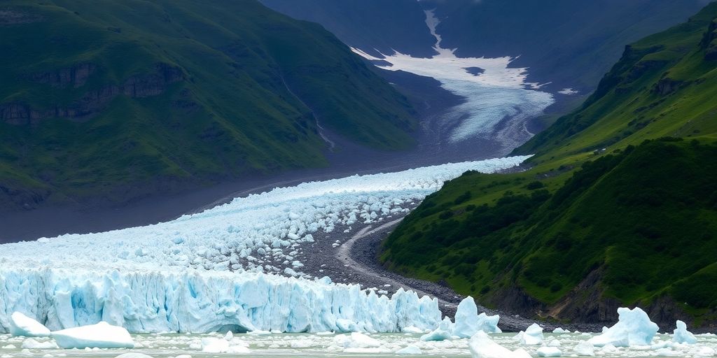 Schmelzender Gletscher inmitten grüner Berge.