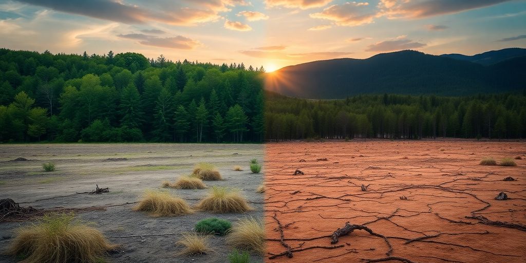Geteilte Landschaft: grün und trocken, Klimawandel Thema.