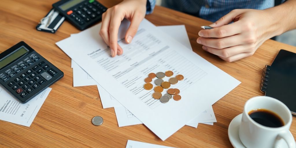 Person mit Finanzdokumenten und Taschenrechner auf Tisch.