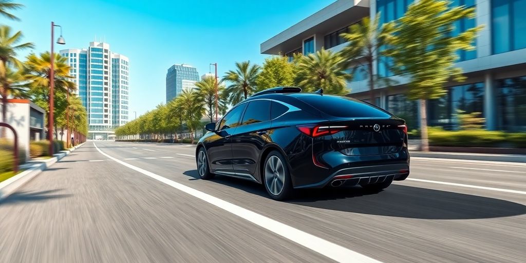 Autonomes Fahrzeug auf futuristischer Straße mit Stadtansicht.