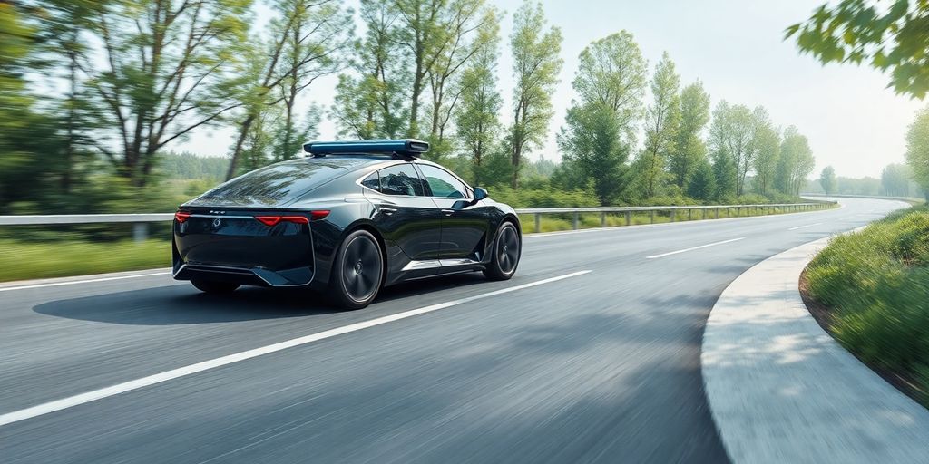 Futuristisches Auto auf moderner Straße mit Grünflächen.