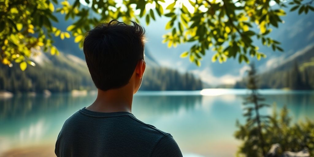 Person meditiert am See in der Wildnis.