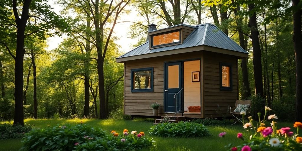 Kleines Haus in der Natur, umgeben von Bäumen.