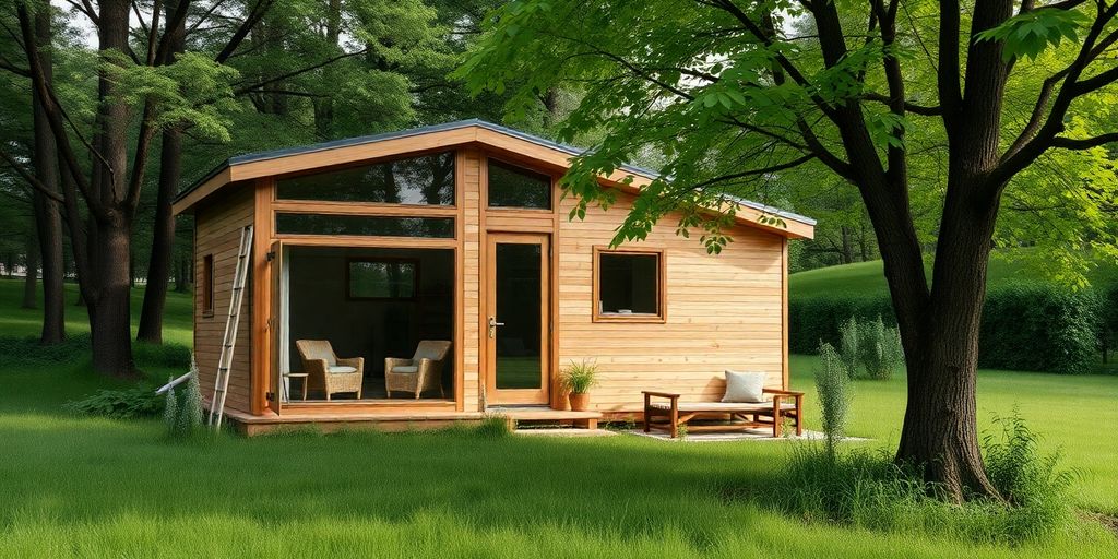 Kleines Haus in der Natur, umgeben von Bäumen.