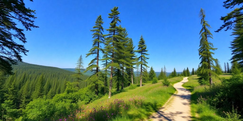 Wanderweg durch grüne Wälder und blühende Wiesen.