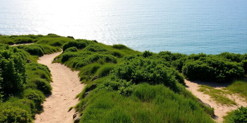 Küstenwanderweg auf der Insel Poel mit Meerblick.