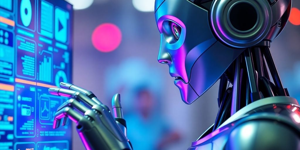 Nahaufnahme eines humanoiden Roboters mit digitaler Schnittstelle.