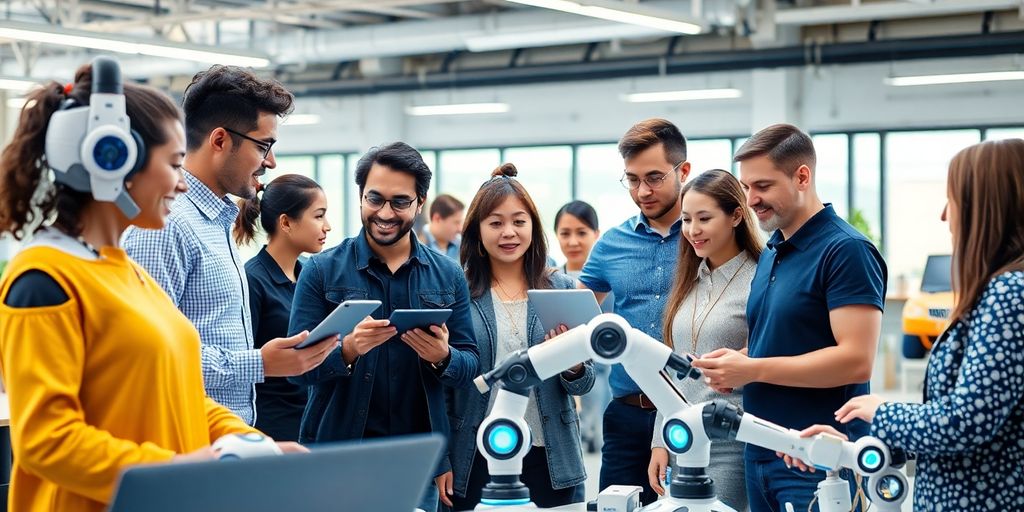 Dynamische Arbeitsumgebung mit Fachleuten und KI-Technologie.