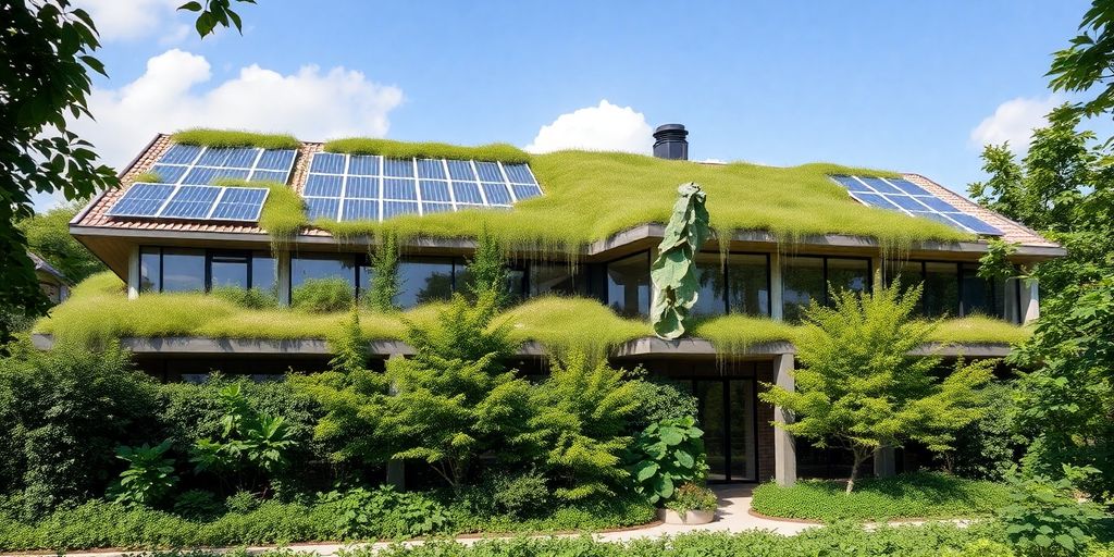 Nachhaltige Architektur mit grünen Dächern und Solarpanelen.