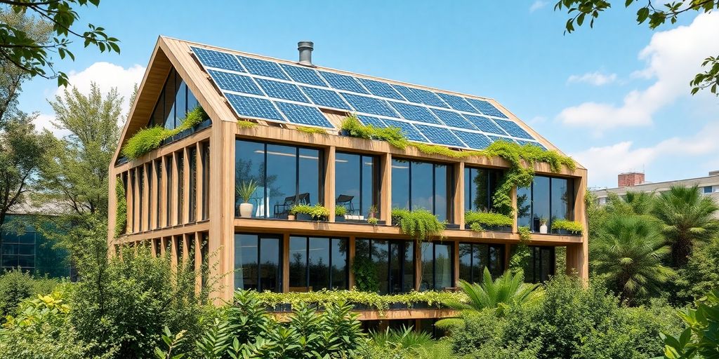 Nachhaltiges Gebäude mit Solarpanelen und viel Grün.