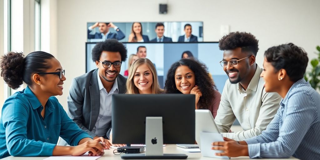 Diverse Gruppe bei Videokonferenz in modernem Büro.