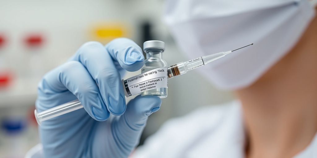 Wissenschaftler hält Spritze mit Impfstoff