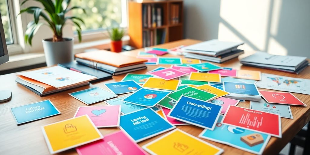 Bunte Knowledgeworker Cards auf einem Schreibtisch.
