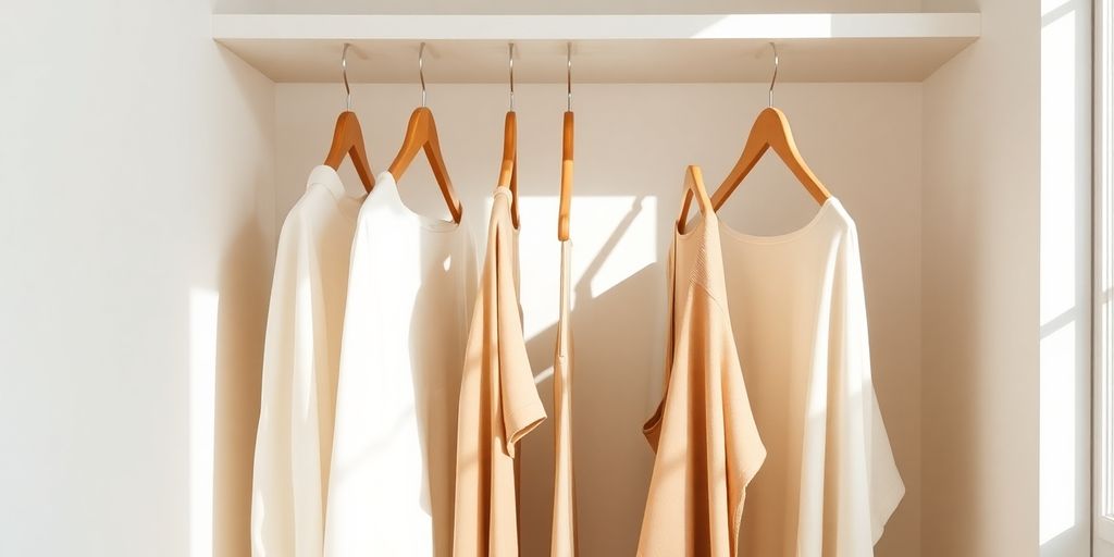 Minimalist Kleiderschrank mit neutralen Farben und Holzkleiderbügeln.
