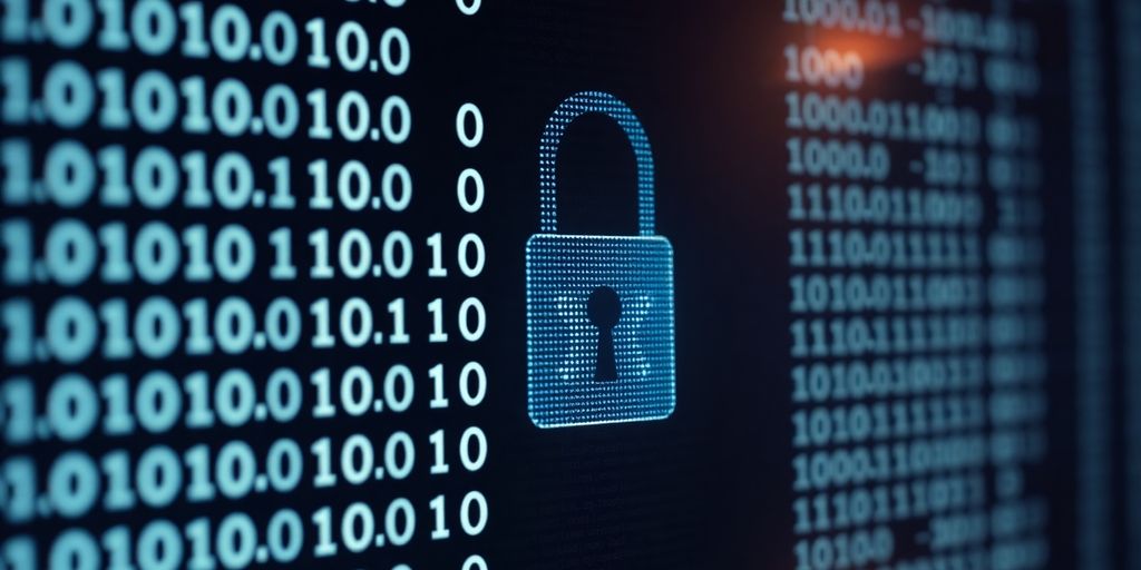 Digitalschloss auf Computerbildschirm mit Binärcode.