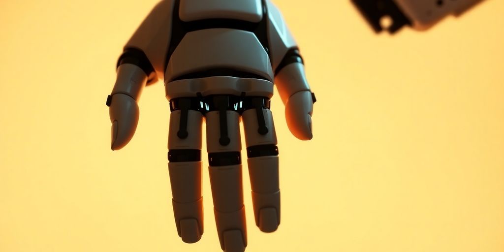 Roboterhand berührt menschliche Hand, ethische Fragen der KI.