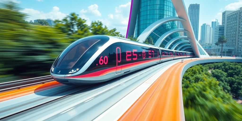 Futuristischer Hyperloop-Zug in moderner Landschaft.