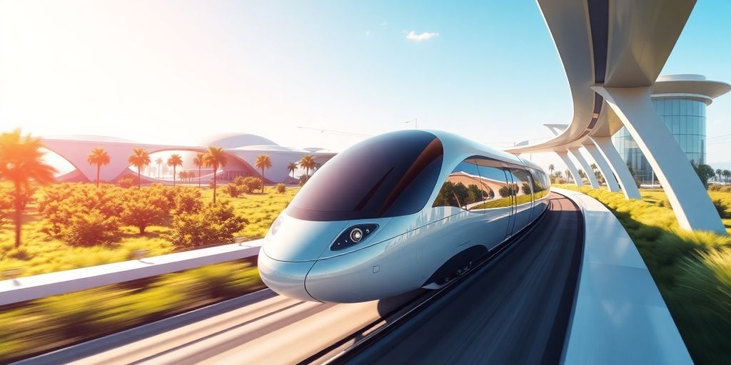 Futuristischer Hyperloop-Zug in moderner Landschaft.